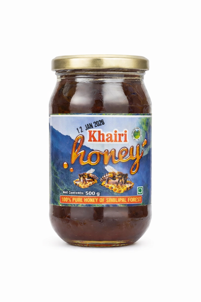 Jar of Khairi honey with a blue label on a white background