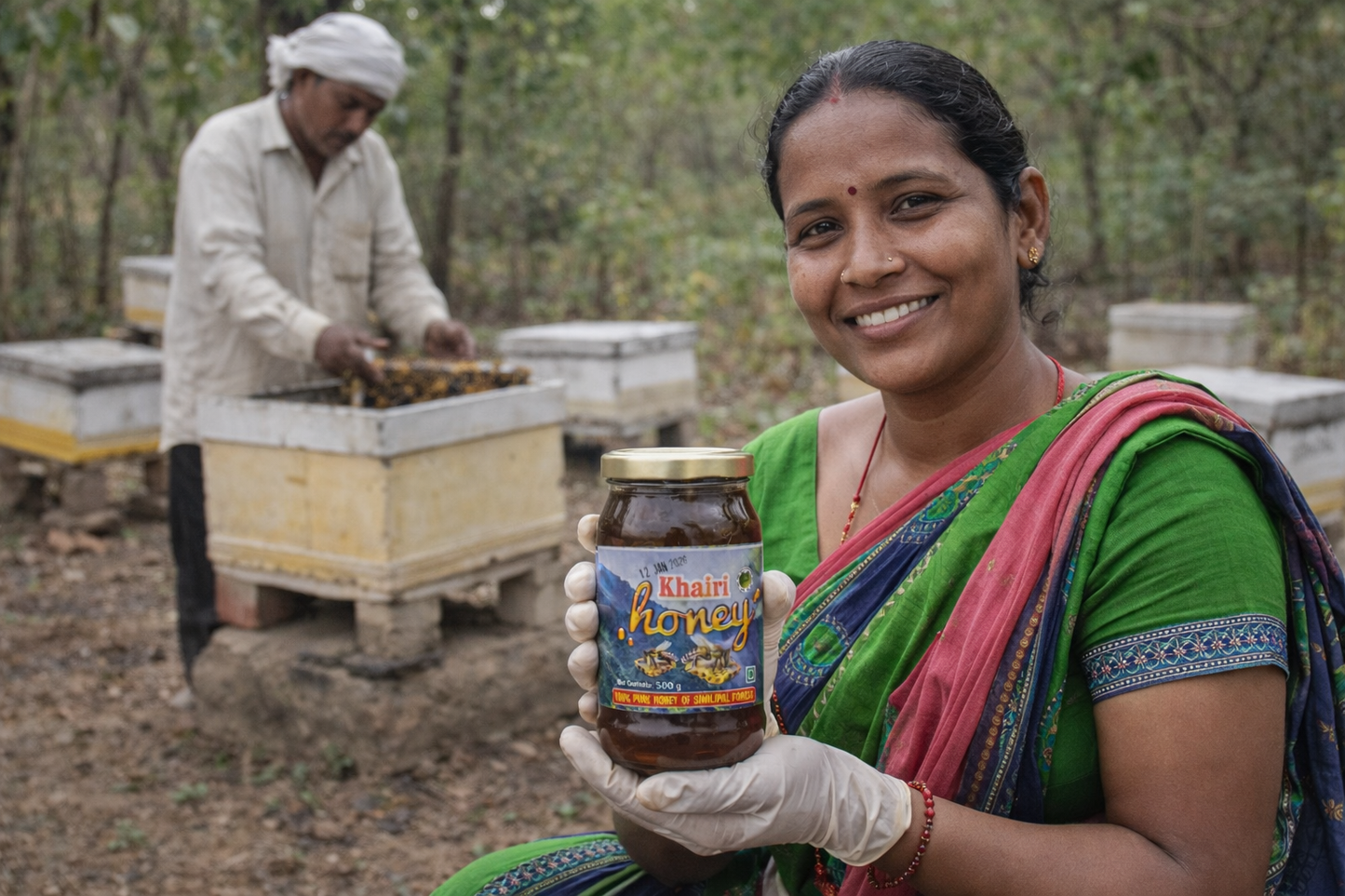 Woman holding a jar of honey in a beekeeping setting
