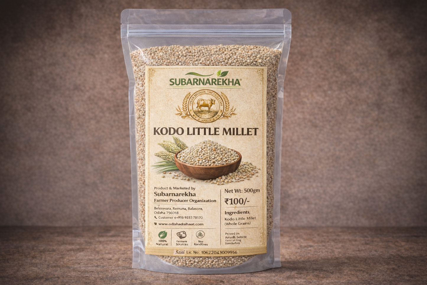 Package of Subarnarekha Kodo Little Millet on a wooden surface with a brown background
