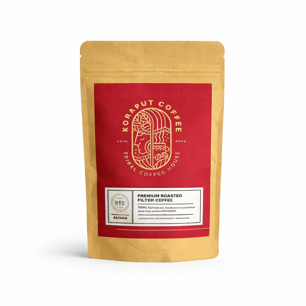 Koraput Coffee package with red label and gold border on a white background