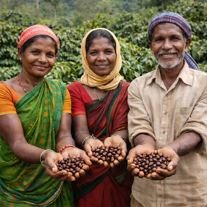 Three people holding  koraput coffee beans on a coffee plantation