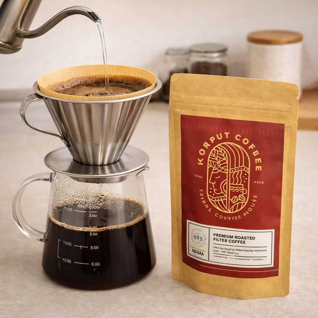 Coffee being poured into a filter with a KORPUT COFFEE package on a kitchen counter.