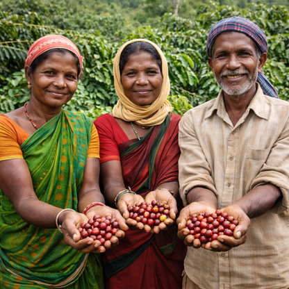 Three people holding coffee beans in a coffee plantation