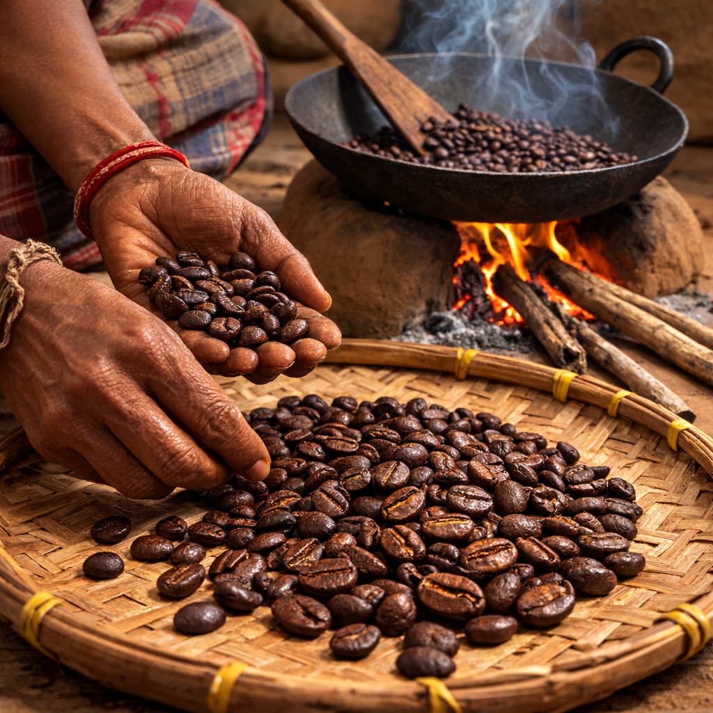 Hands holding roasted coffee beans with a pan of coffee beans over an open fire.