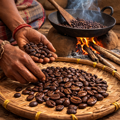 Hands holding roasted coffee beans with a pan of coffee beans over an open fire.