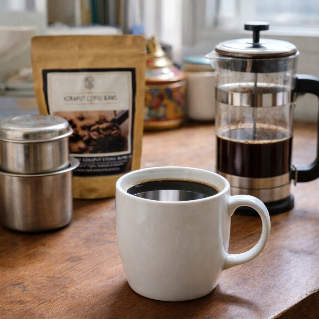 White mug with coffee, French press, and coffee beans on a wooden table