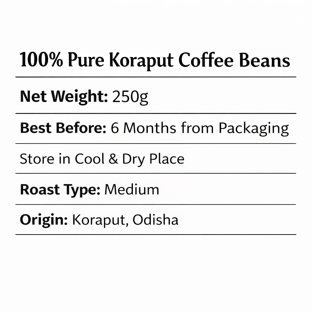 Label for 100% Pure Koraput Coffee Beans with details on weight, storage instructions, roast type, and origin.