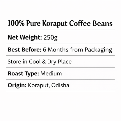 Label for 100% Pure Koraput Coffee Beans with details on weight, storage instructions, roast type, and origin.