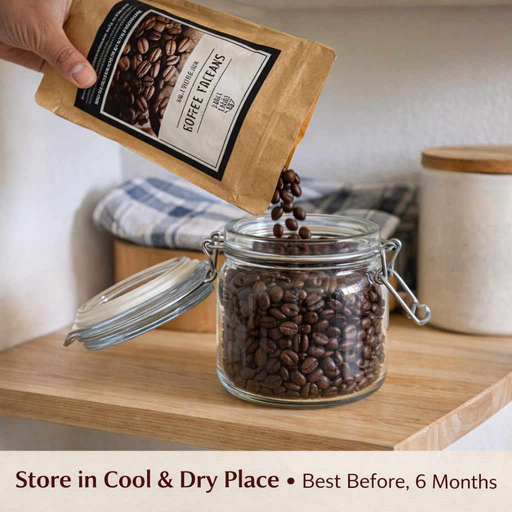 Hand pouring coffee beans from a package into a glass jar on a wooden surface.