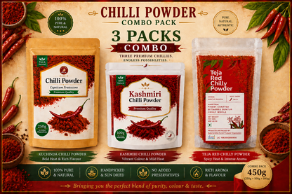 Chili powder combo pack with three different types of chili powder on a decorative background.