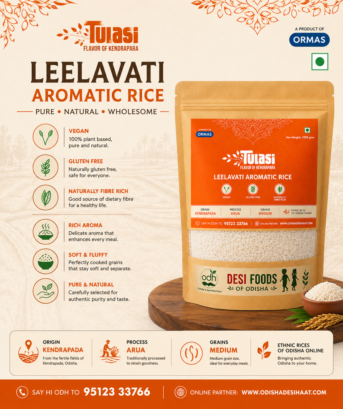 Tulasi Leelavati Aromatic Rice packaging with product details on a beige background