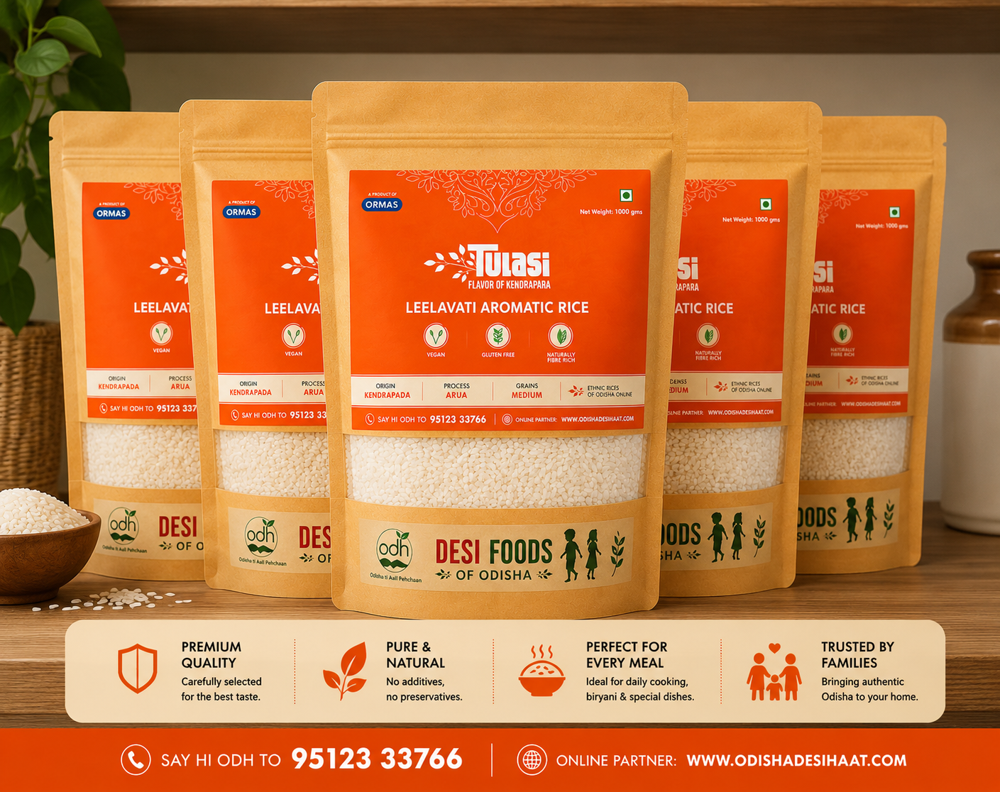 Five packages of Tulasi Desi Foods rice on a wooden surface with a plant and container in the background.