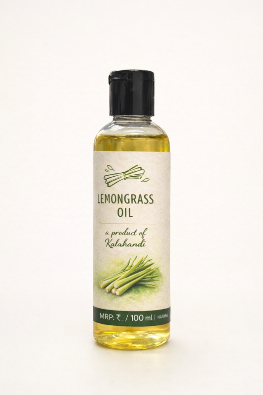 Bottle of lemongrass oil with a label on a white background