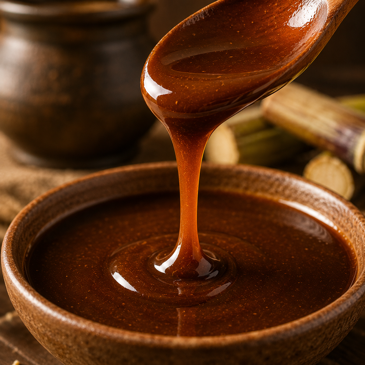 Spoon drizzling caramel sauce into a bowl with a rustic background