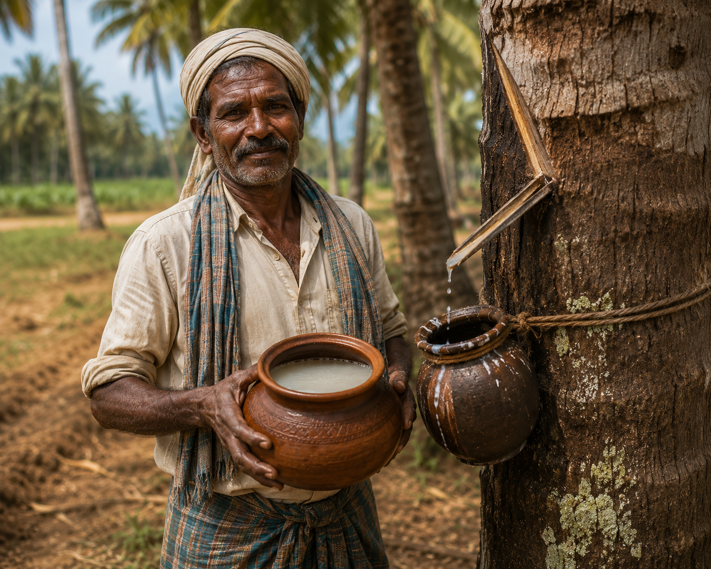 Man collecting sap from a tapped coconut palm tree