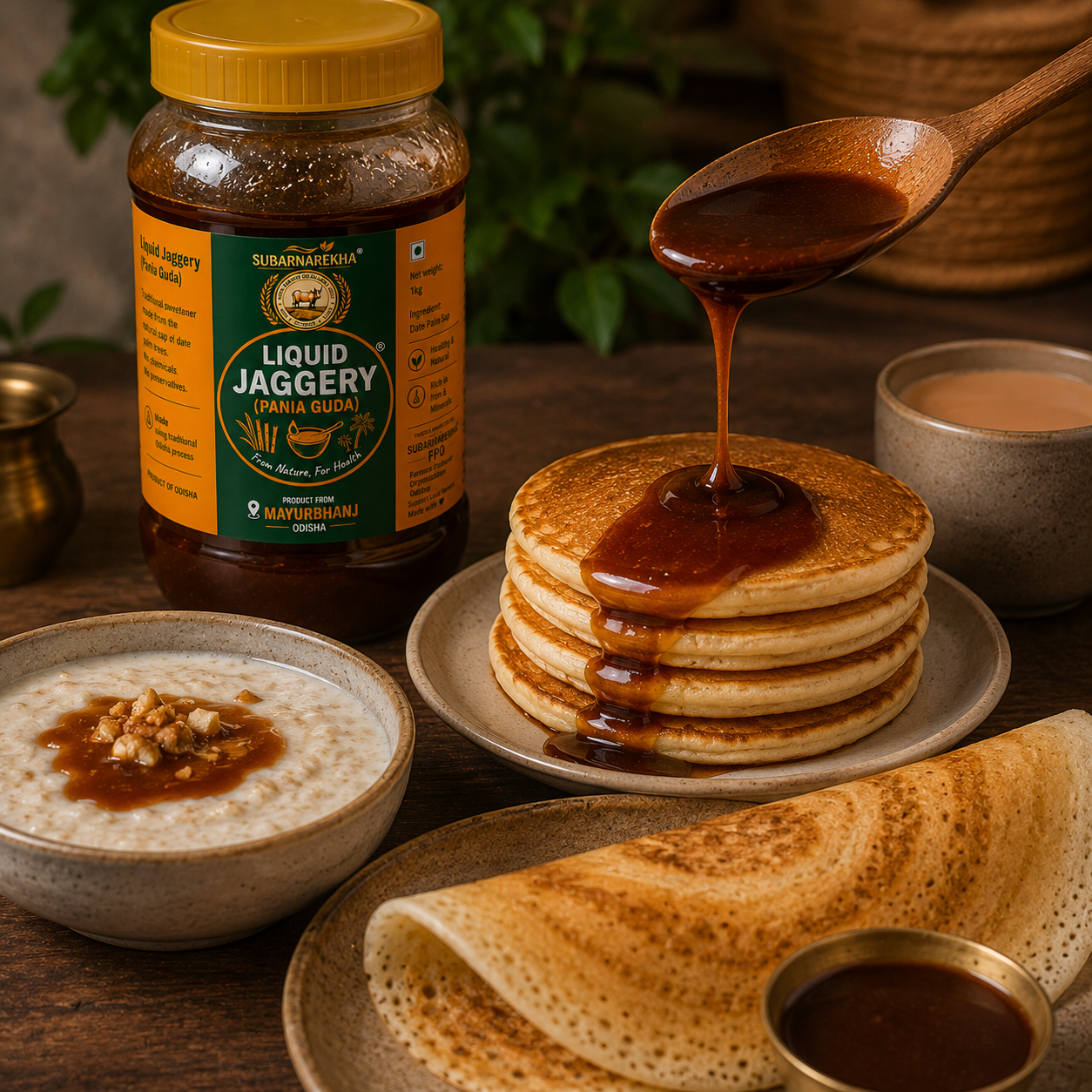 Jar of liquid jaggery, spoon drizzling it over pancakes on a wooden table.