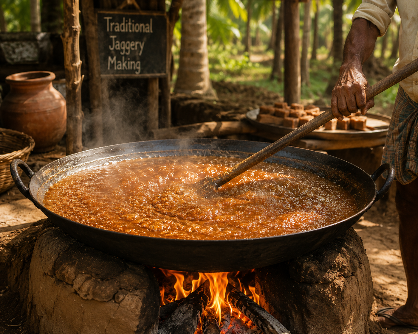 Traditional jaggery making process with a large pan over an open fire, surrounded by natural elements.