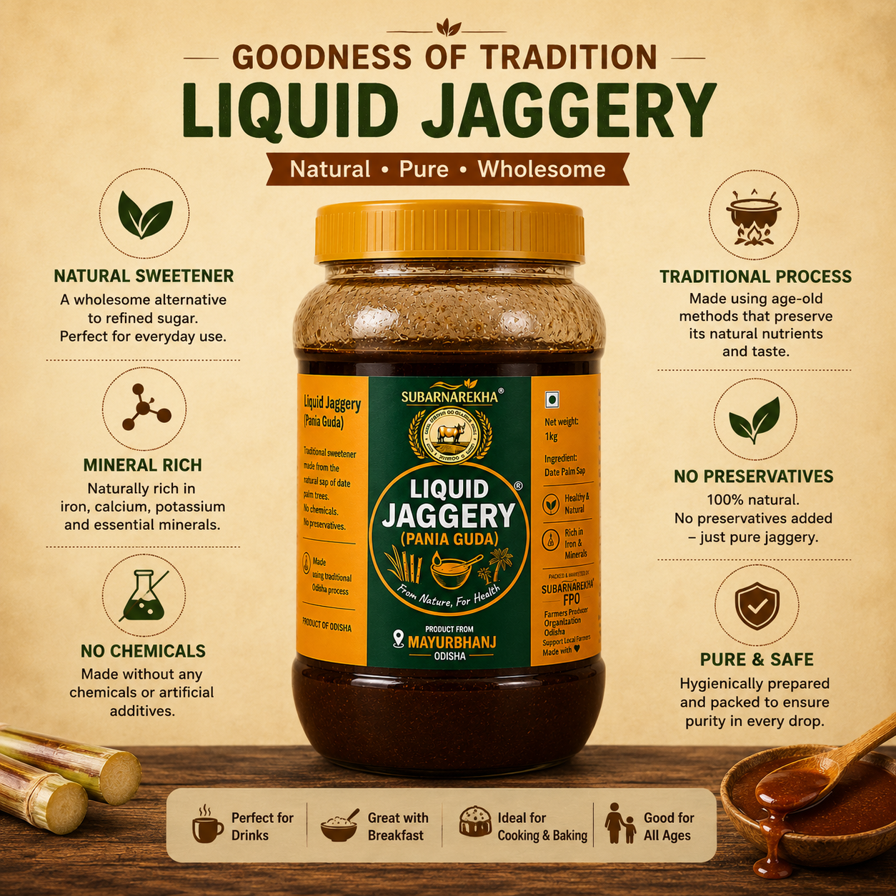 Jar of Liquid Jaggery with branding and product details on a wooden surface.