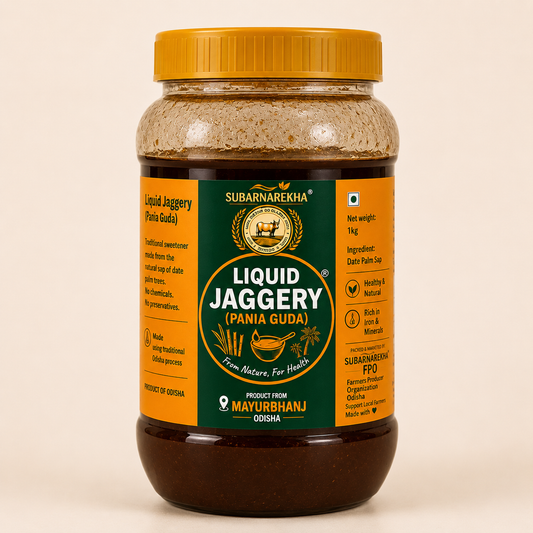 Jar of Subarnarekha Liquid Jaggery on a beige background