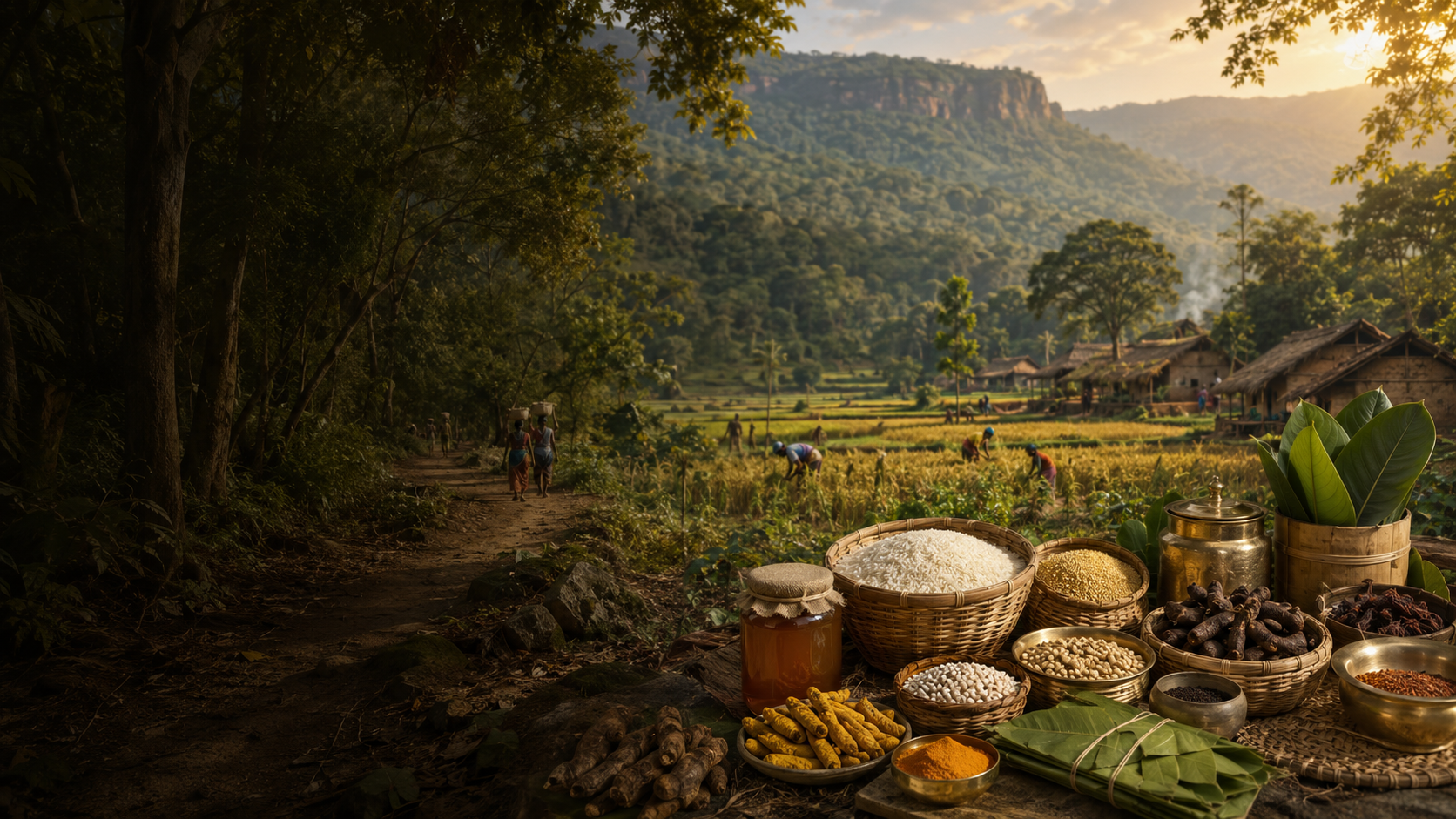 Traditional food items displayed outdoors with a scenic background of mountains and fields.