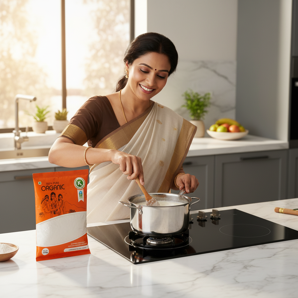 Modern Kitchen Woman Cooking + Arrowroot Pack