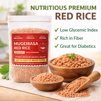 Mugeibasa Red Rice packaging with rice in bowls and text highlighting benefits