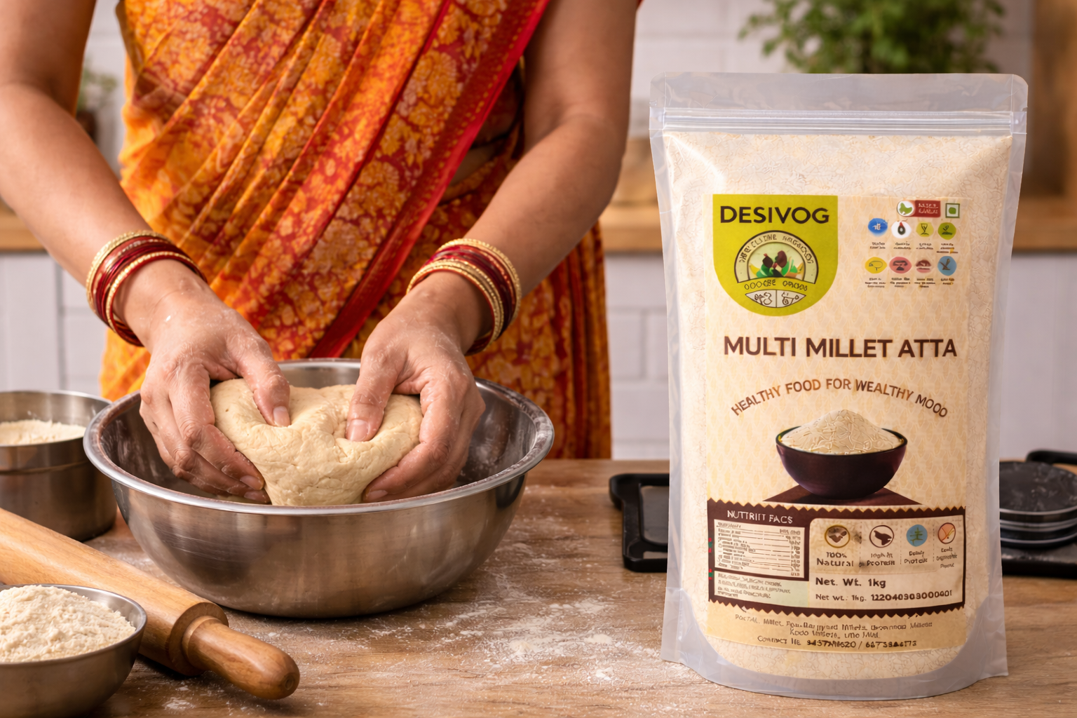 Person making dough with a package of DESIVOG Multi Millet Atta on a wooden table.