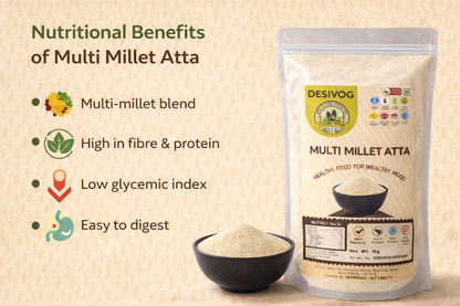 Desivog Multi Millet Atta package with nutritional benefits listed on a beige background