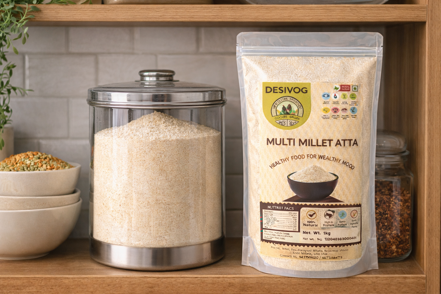 Desivog Multi Millet Atta package on a kitchen shelf with a container of rice.