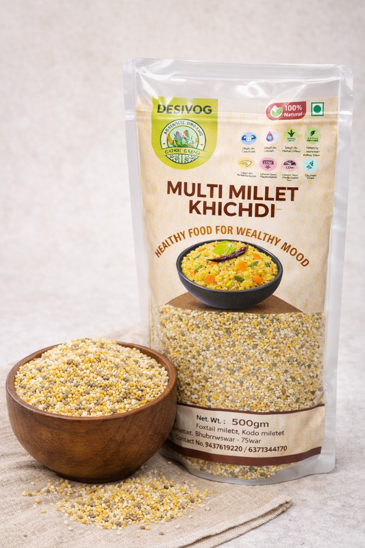 Bag of Desivog Multi Millet Khichdi with a bowl of the product on a light background