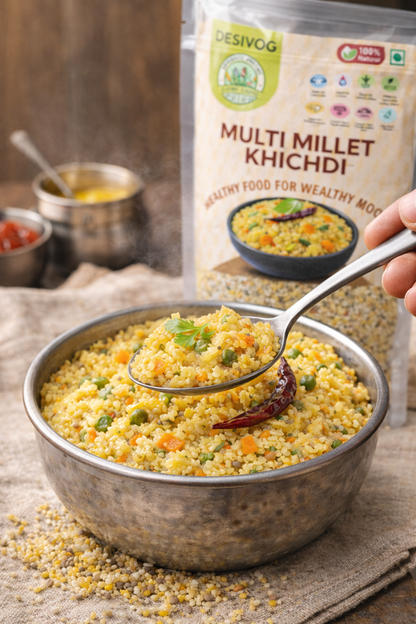 Bowl of multil millet khichdi with a spoon,Desivog packaging in the background