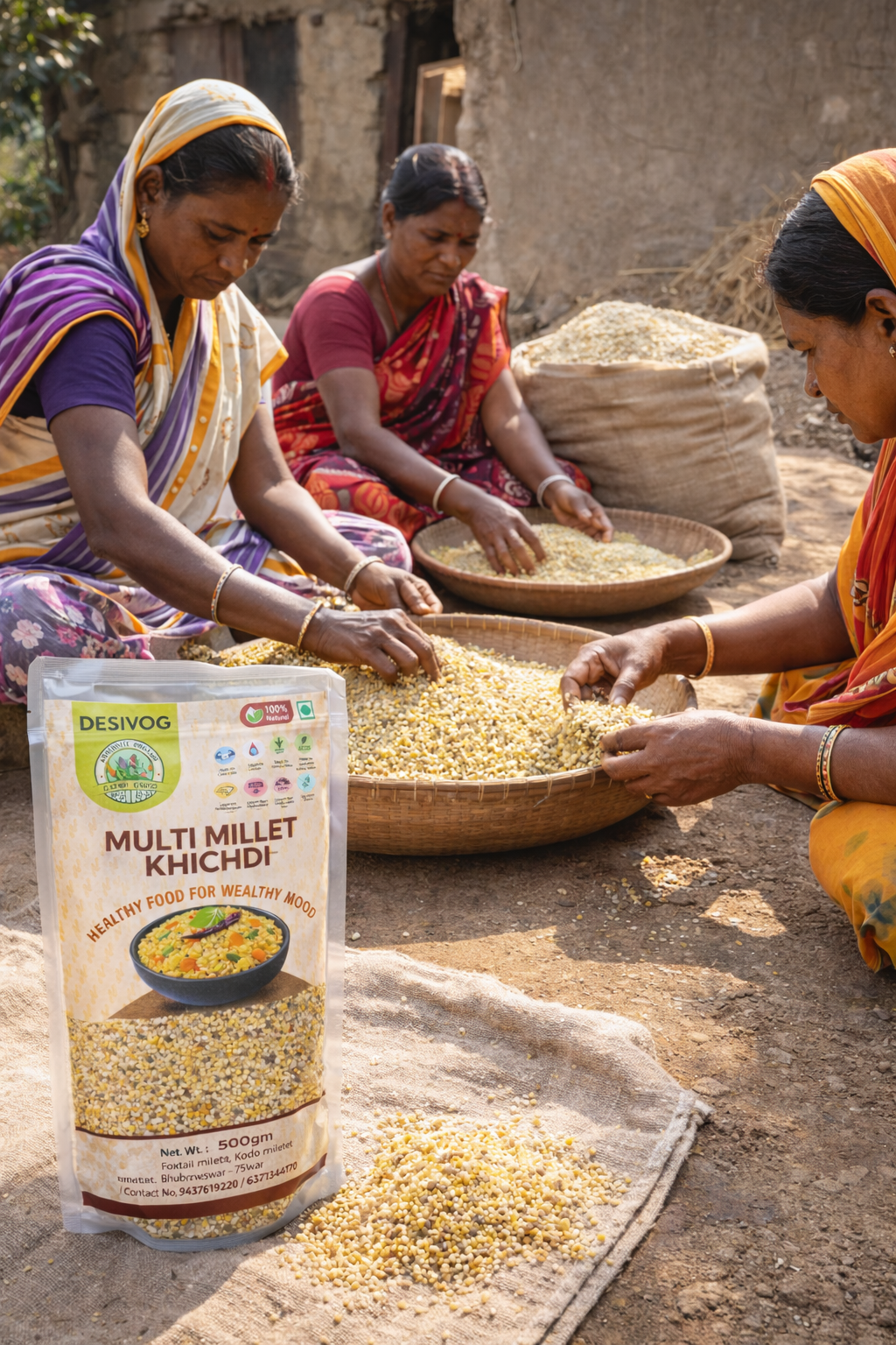 Three women sorting grains outdoors with a Desivog Multi Millet Khichdi package in the foreground.