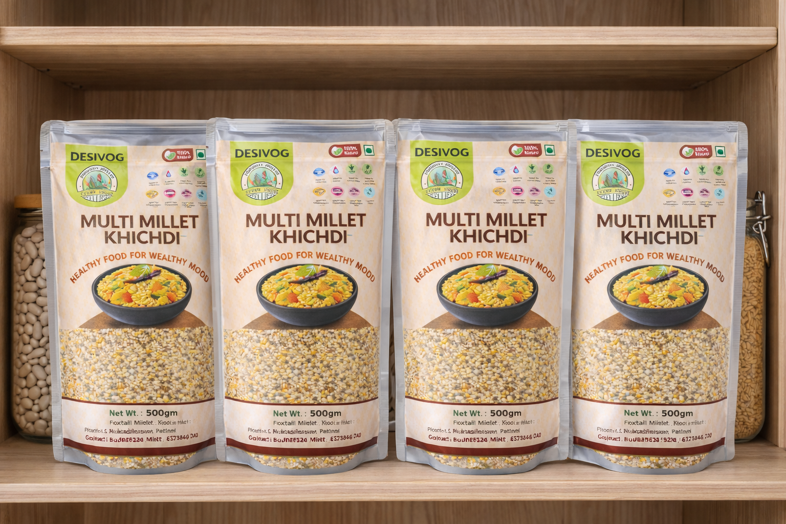 Four packages of DESIVOG Multi Millet Khichdi on a wooden shelf.