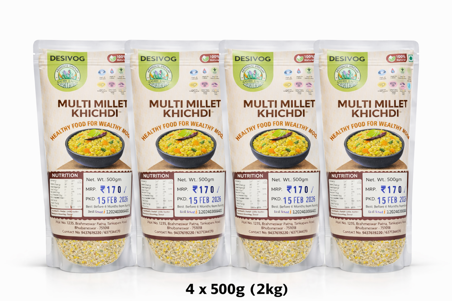 Four packages of Desivog Multi Millet Khichdi on a white background