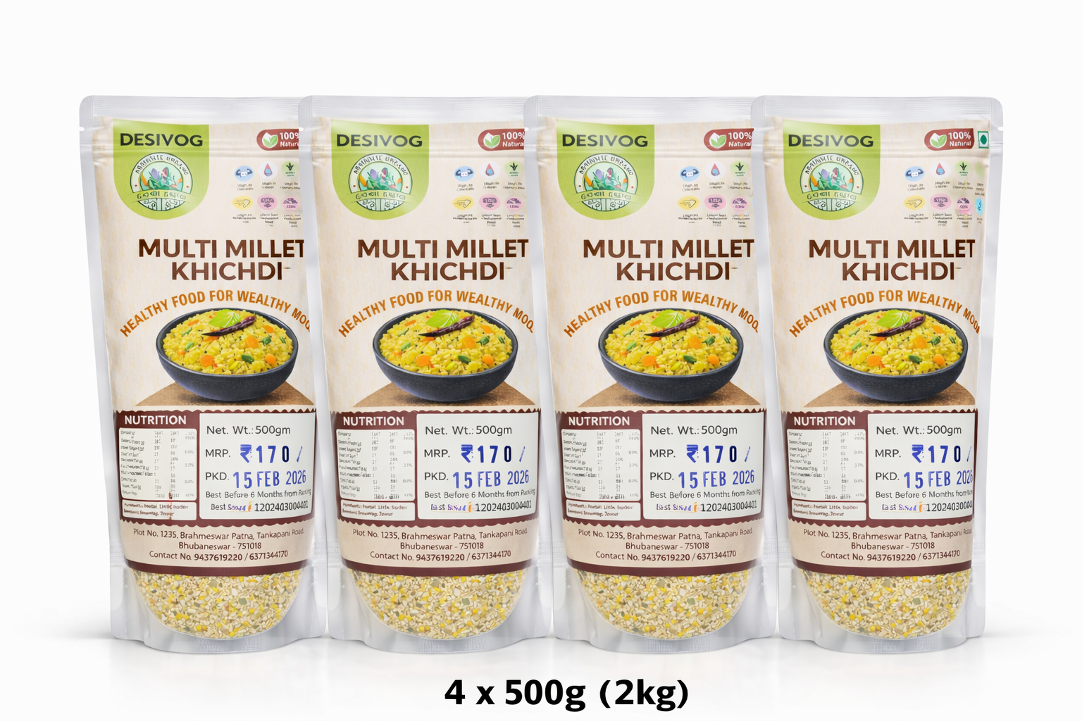 Four packages of Desivog Multi Millet Khichdi on a white background
