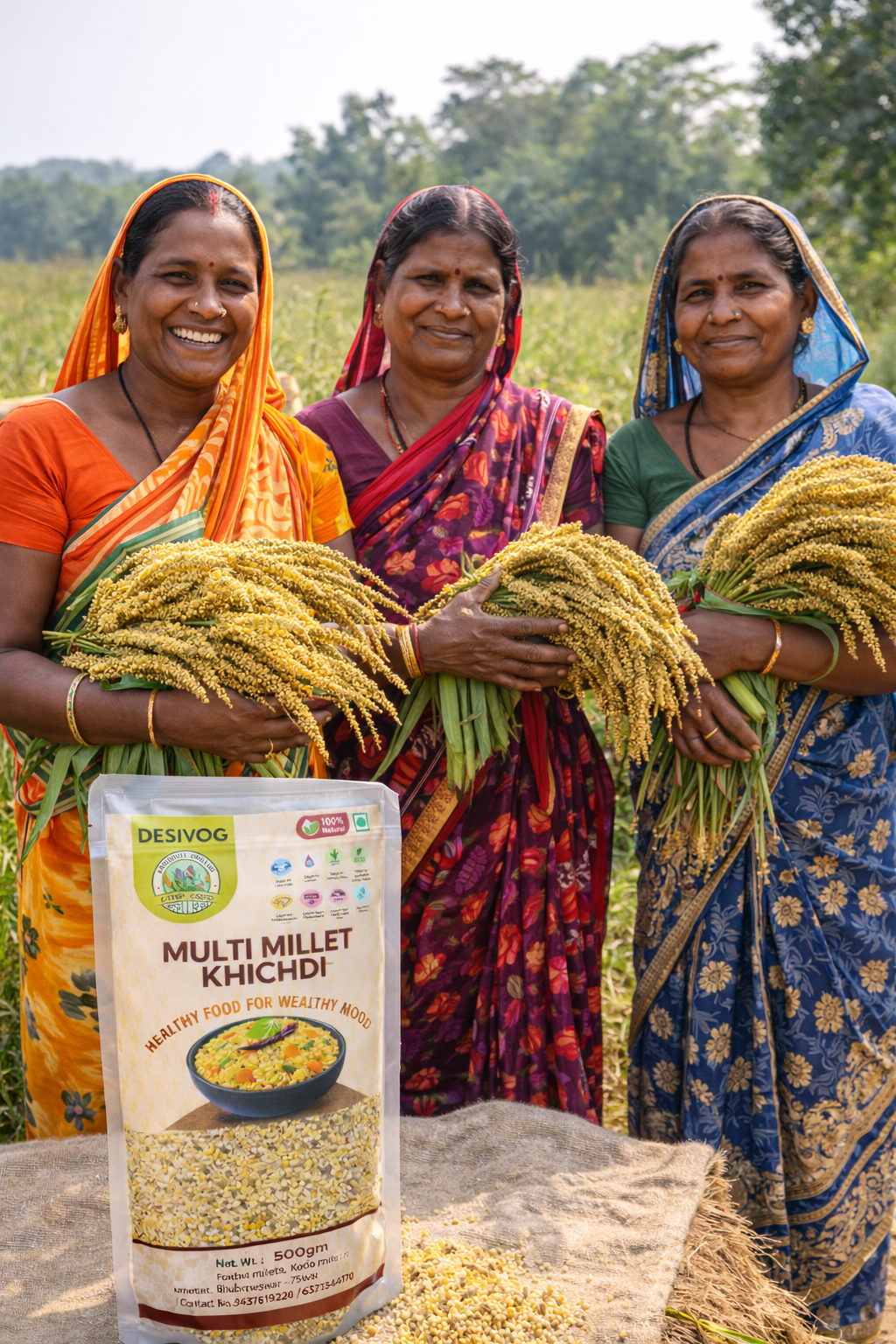 Three women holding wheat stalks with a package of Desivvo Multi Millet Khichdi in the foreground.
