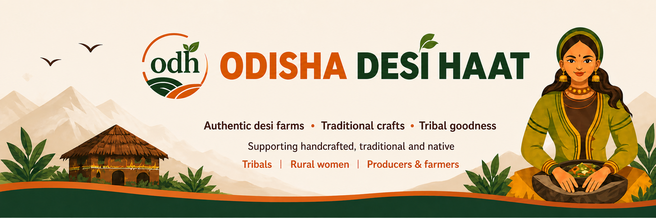 Promotional banner for Odisha Desi Haat with a woman, hut, and mountains in the background.