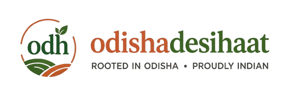 Logo of odisha desihaat with text 'Rooted in Odisha, Proudly Indian' on a white background
