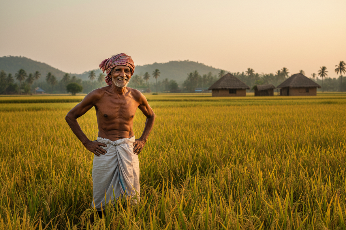 Farmer in traditional Odisha attire standing in a rice field surrounded by greenery and village huts