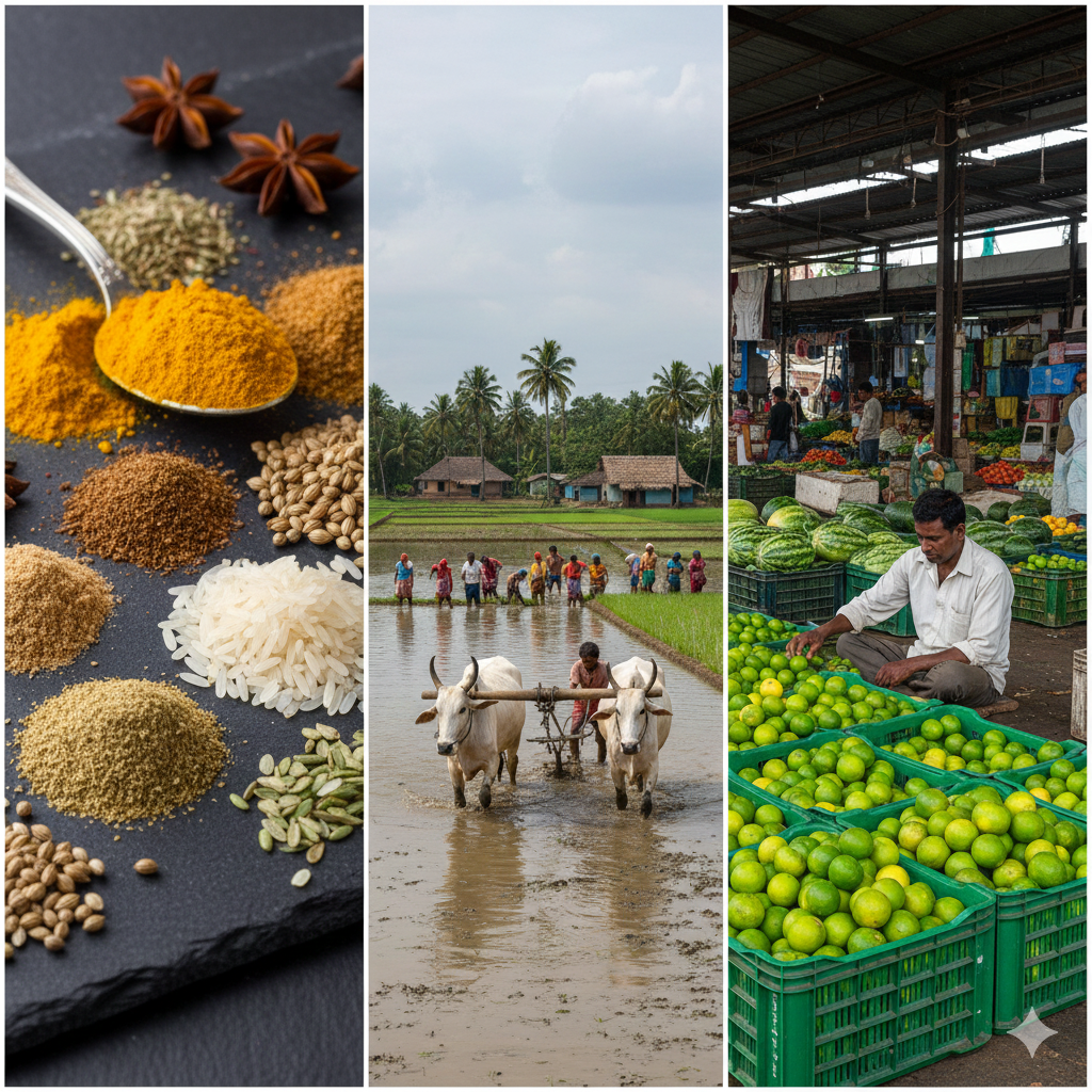 Collage of Odisha spices, rural farming with oxen ploughing fields, and a traditional market with fresh fruits
