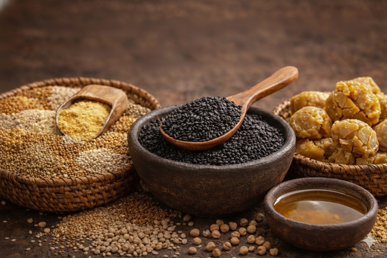 Traditional Odisha spices and natural ingredients arranged on a wooden surface with a rustic background for tribal food products