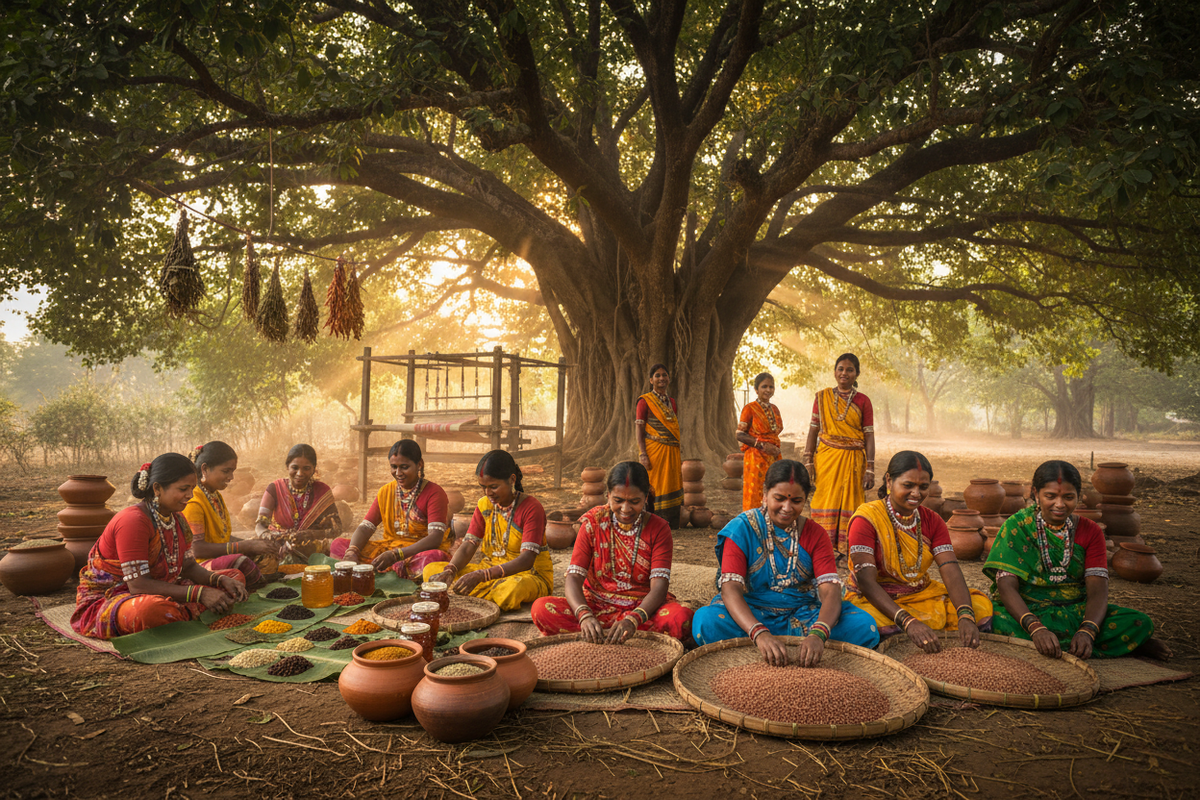 Group of tribal women sitting under a large tree in Odisha, sorting and preparing handmade forest products together