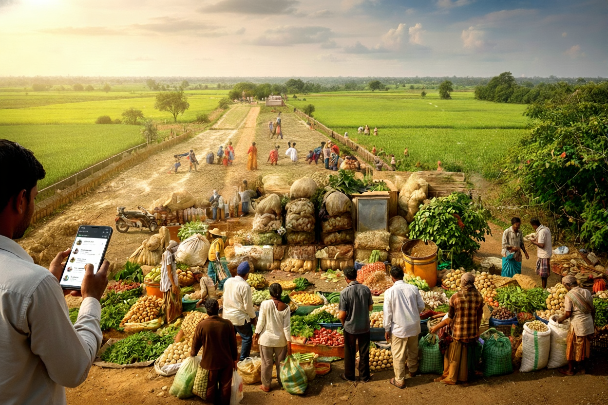 Odisha village market with farmers and fresh produce, a man using a tablet, and green fields in the background