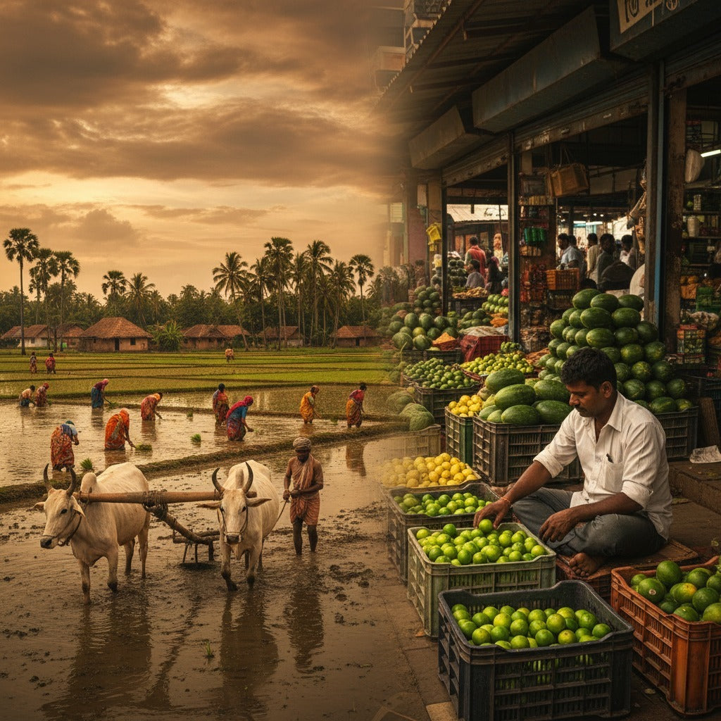 Traditional Odisha village market with crates of fruits and vegetables beside rice fields, farmers, and oxen