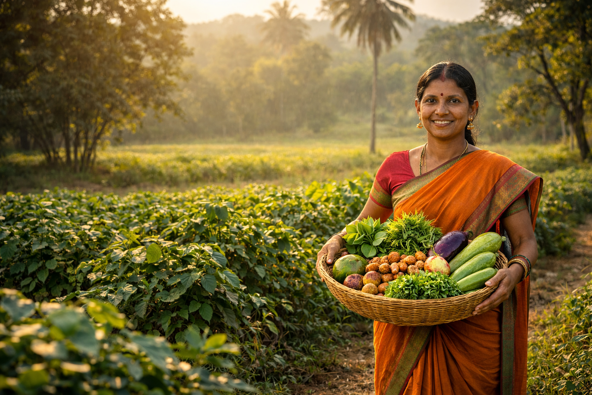 Woman in an orange saree holding a basket of fresh vegetables in a lush green field in Odisha