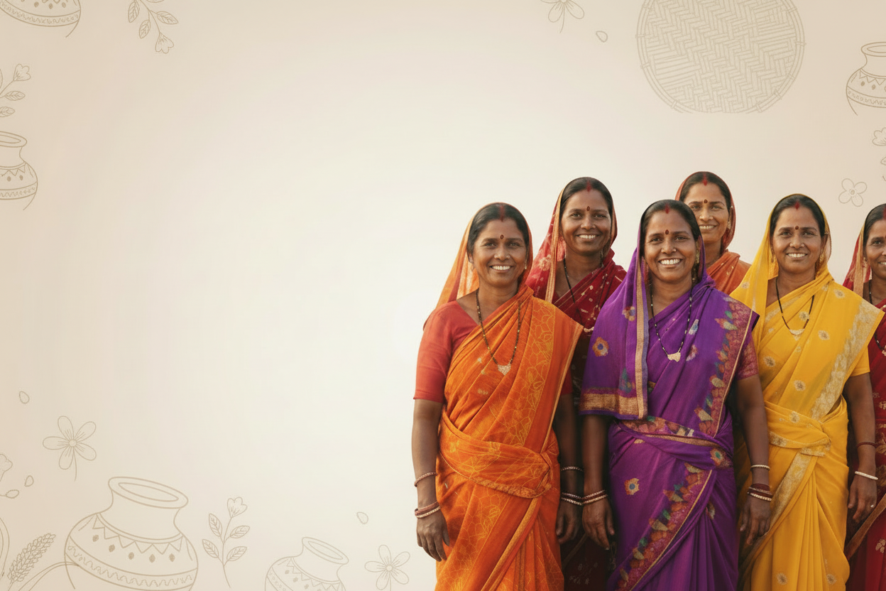 Group of women artisans in colorful sarees standing together against a light decorative background, representing Odisha tribal culture and handmade traditions