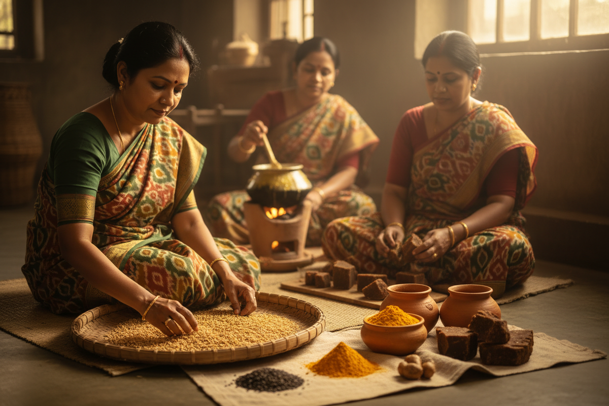 Three women in traditional Odisha attire preparing traditional food in a warm indoor setting