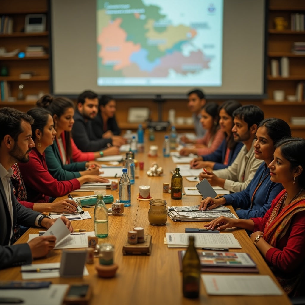 Group of people in a meeting room with a map projection on the wall.