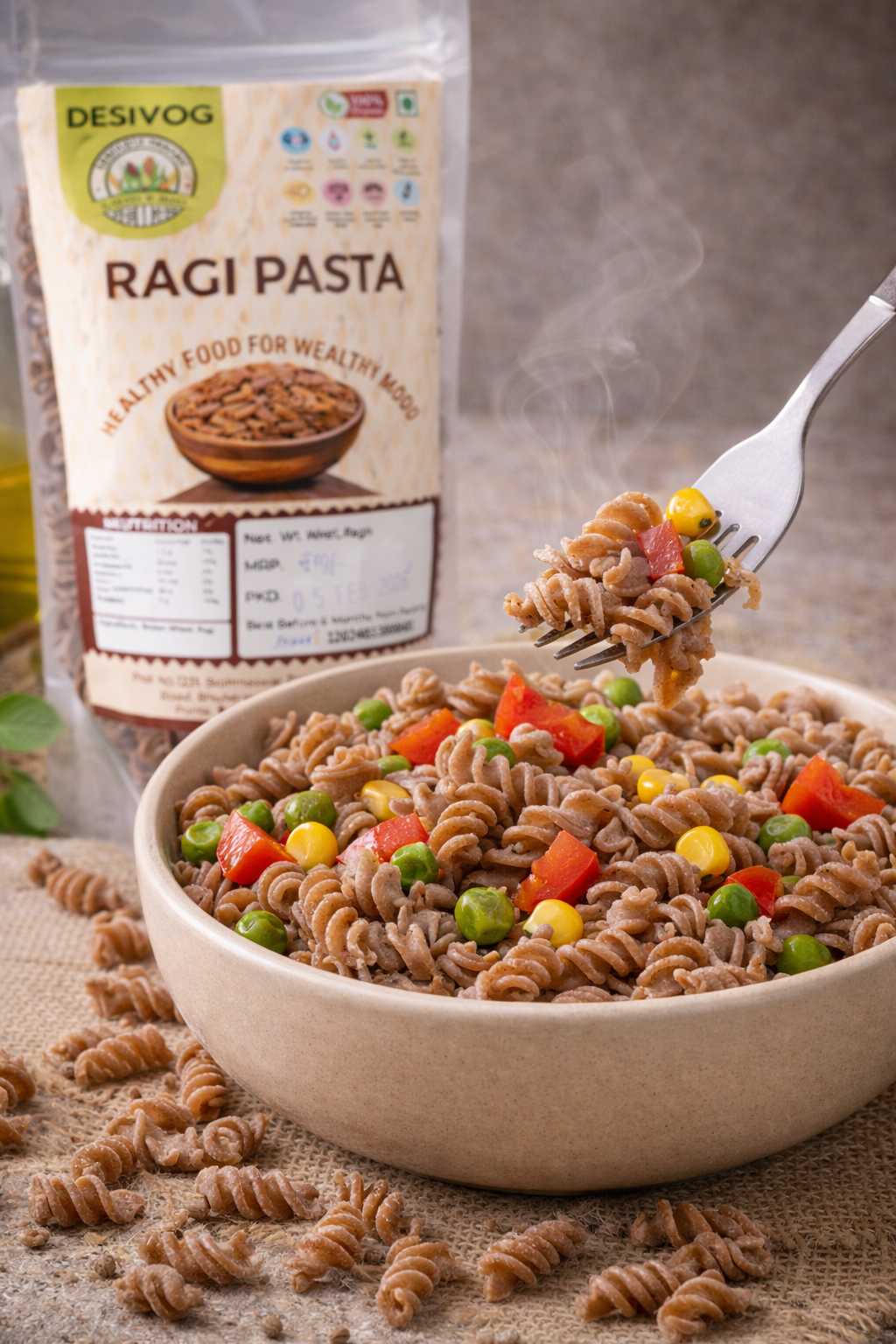 Ragi pasta in a bowl with a fork and Desivog Ragi Pasta packaging in the background.