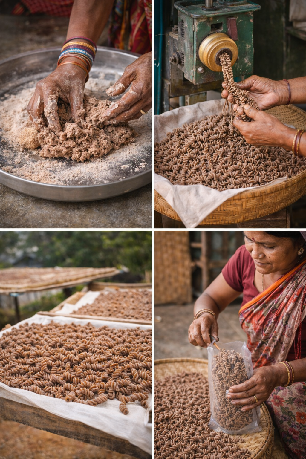 Collage of a woman processing and packaging a brown substance, likely a traditional food item.